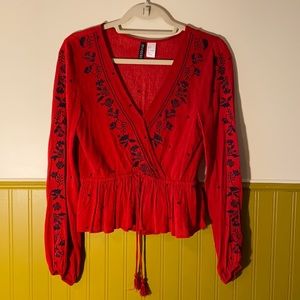 Boho Embroidered Red and Navy Blouse